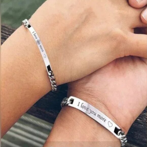 2 Set Titanium Steel Engraved "I Love You More/ I Love You Most Couple Bracelets - Picture 4 of 5